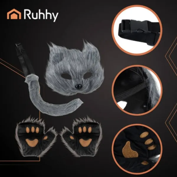 Kattmask med Tassar & Svans - Therian Cosplay - 4-delar> Tillbehör