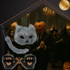 Kattmask med Tassar & Svans - Therian Cosplay - 4-delar><noscript><img width=