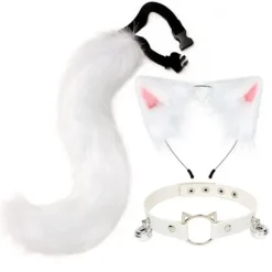 Kattöron och Varg Fox Djursvans Cosplay Kostym Fuskpäls Hårklämma Huvudbonad Halloween Läderhalsband Set> Tillbehör