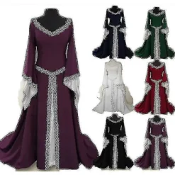 Klassisk Lång Medeltida Dam Halloween Party V-ringad Slimmad Utsvängd Ärm Klänningfyfs1983164 Navy Blue> Dräkter