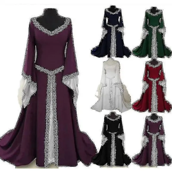 Klassisk Lång Medeltida Dam Halloween Party V-ringad Slimmad Utsvängd Ärm Klänningfyfs1983164 Navy Blue> Dräkter