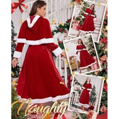 Klänning - Tomtedräkt med avtagbar huva och bälte, perfekt för julfester, storlek L.><noscript><img width=