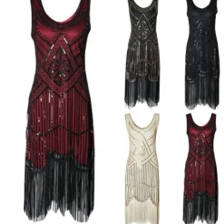 Klänning Great Gatsby Kostymfest Paljetter Tofs Vintage Klänning Svart röd L L> Dräkter