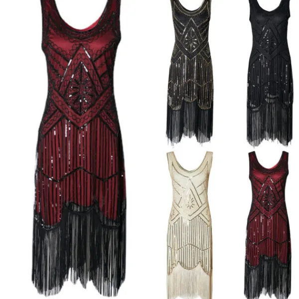 Klänning Great Gatsby Kostymfest Paljetter Tofs Vintage Klänning Svart röd L L> Dräkter
