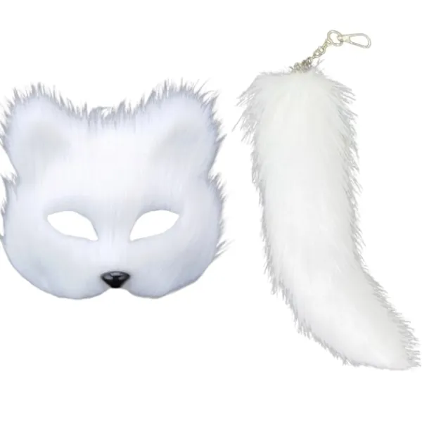 Konstgjord Rävpäls Svans Kattmask Therian Mask och Svans Halloween Cosplay Party - WELLNGS Vit> Masker