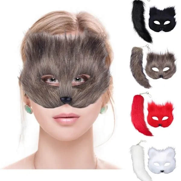 Konstgjord Rävpäls Svans Kattmask Therian Mask och Svans Halloween Cosplay Party - WELLNGS Vit> Masker