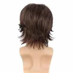 Kort brun peruk för män, skiktad naturlig fluffig kemisk fiberperuk h><noscript><img width=