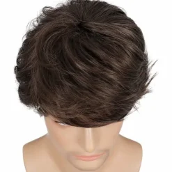 Kort brun peruk för män, skiktad naturlig fluffig kemisk fiberperuk h><noscript><img width=