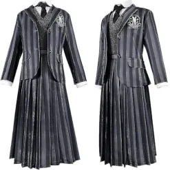 Kvinna Wednesday Addams Deluxe Kostymset Nevermore Uniform Outfit Peruker 2XL with Wig><noscript><img width=
