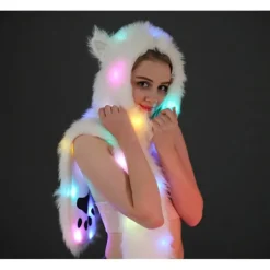 Kvinnor LED Ljus Upp Konstgjord Päls Djur Öron Luva Hatt Med Halsduk Festi> Huvudbonader