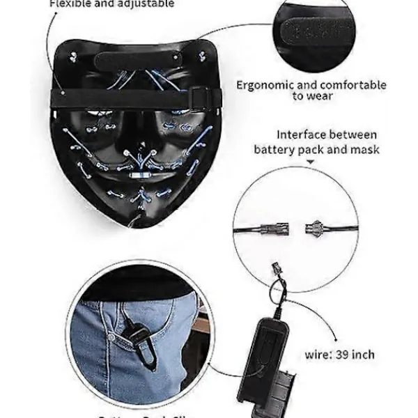 LED Halloweenmask för skräck, självlysande mask för rollspel, LED-karnevalsmaskdräkt med 3 ljuslägen. (Lila)> Masker
