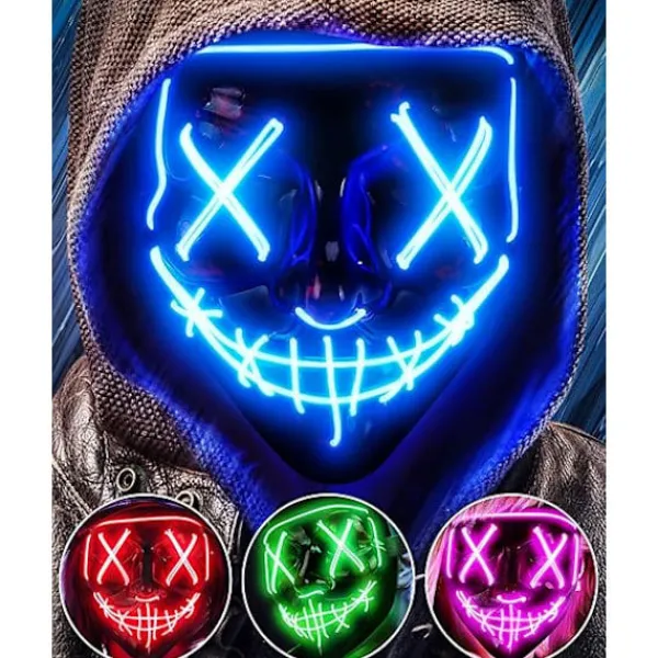 LED-mask för Halloween, självlysande mask för rollspel, LED-maskeraddräkt med 3 ljuslägen (Blå)> Masker