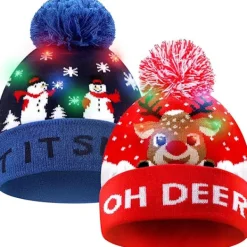 LED-stickad julmössa, 2 stycken julmössa vinter snö semester mössa för barn män kvinnor pojkar flickor julfestival födelsedagsfest> Huvudbonader