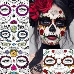 FMYSJ Levande Dödskalle Ansikts Tatueringar - Hållbara, Vattentäta och Återanvändbara för Vuxna - Perfekt för Halloween, Dia de los Muertos (FMY) 4 Sheets In One Package | Fyndiq> Smink