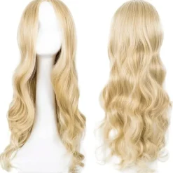 Lång blond vågig peruk för kvinnor, 68 cm lång lockig peruk, syntetisk maskeraddräktperuk för damer (blond)> Peruker