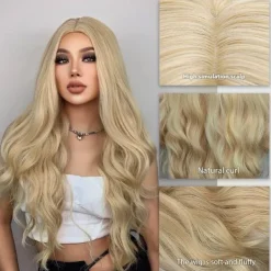 Lång blond vågig peruk för kvinnor, 68 cm lång lockig peruk, syntetisk maskeraddräktperuk för damer (blond)><noscript><img width=