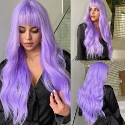 Lång ljuslila peruk med lugg, naturlig lila Lolita lång vågig peruk> Peruker