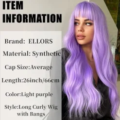 Lång ljuslila peruk med lugg, naturlig lila Lolita lång vågig peruk><noscript><img width=