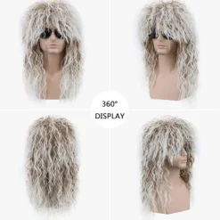 Lång lockig brun gradient vit peruk för män och kvinnor 70-tal 80-tal Rocker Mullet Par> Peruker