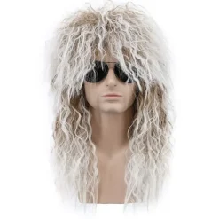 Lång lockig brun hårfärgad vit peruk kompatibel med män och kvinnor 70-tal 80-tal Rocker Mullet Party Rolig peruk Kostymperuk【pl】> Peruker