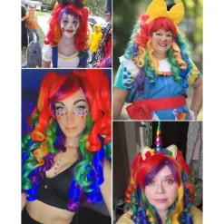 Lång lockig cosplay-peruk med 2 hästsvansar (regnbågsfärg)><noscript><img width=