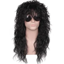 Lång lockig svart 80-talsrockstjärneperuk för män> Peruker