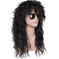 Lång lockig svart 80-talsrocker-peruk för män> Peruker
