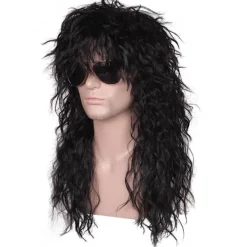 Lång lockig svart 80-talsrocker-peruk för män><noscript><img width=