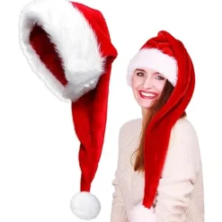 Lång Tomtehatt för Vuxna Unisex, Mjuk Sammet Julhatt, Fluffig Vit Pälskant, Luddig Tomtehatt för Julfest> Huvudbonader