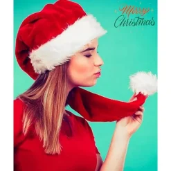 Lång Tomtehatt för Vuxna Unisex, Mjuk Sammet Julhatt, Fluffig Vit Pälskant, Luddig Tomtehatt för Julfest><noscript><img width=