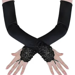Långa Opera Party 20-tals Satinhandskar Stretchig Vuxenstorlek Armbågslång Vågig plisserad 52 cm svart> Tillbehör