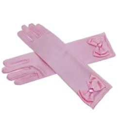 Långa prinsesshandskar för små flickor med rosettdekoration formella satinfesthandskar rosa><noscript><img width=