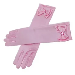 Långa prinsesshandskar för små flickor med rosettdekoration formella satinfesthandskar rosa><noscript><img width=