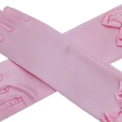 Långa prinsesshandskar för små flickor med rosettdekoration formella satinfesthandskar rosa><noscript><img width=