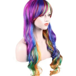 Lockig regnbågsperuk flerfärgad peruk för kvinnor damer cosplay fest halloween kostym värmebeständig syntetisk peruk> Peruker