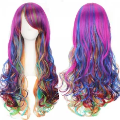 Lockig regnbågsperuk flerfärgad peruk för kvinnor damer cosplay fest halloween kostym värmebeständig syntetisk peruk> Peruker