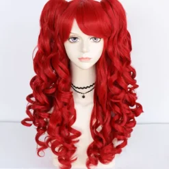 Lolita cos peruk röd dubbel tigerklämma hästsvans lång lockig anime peruk> Tillbehör