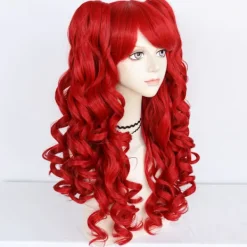 Lolita cos peruk röd dubbel tigerklämma hästsvans lång lockig anime peruk> Tillbehör