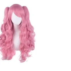 Lolita Lång Lockig Clip-on Hårförlängning Cosplay Peruk, Dubbel Hästsvans Tiger Clip Lång Lockig Peruk (Rosa)> Peruker
