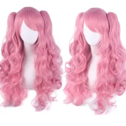 Lolita Lång Lockig Clip-on Hårförlängning Cosplay Peruk, Dubbel Hästsvans Tiger Clip Lång Lockig Peruk (Rosa)> Peruker