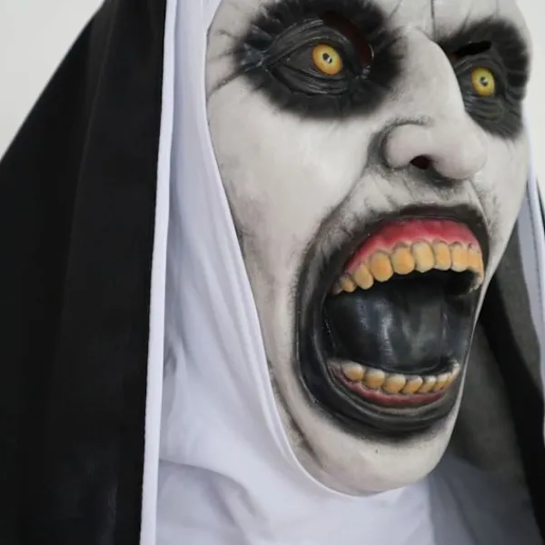 Läskig nunna Halloweenmask, realistisk latexhuva med öppen mun, mask med huva för Halloween-kostymfest> Masker