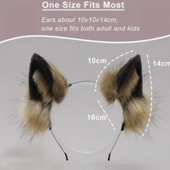 Luddiga räv, varg, katt öron pannband - Djur cosplay hårbåge för fest, kostym, huvudbonad, utklädning, hår accessoarer, brun><noscript><img width=