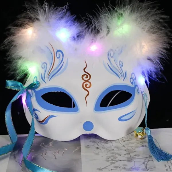 Luminous Led Fox Mask Japanska Cosplay Blinkande Glödande Mörka Ögon Mask Rave Kostym Anime Halv Ansikte Katt Masker Maskerad Parti Rekvisita 12> Masker