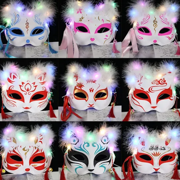 Luminous Led Räv Mask Japanska Cosplay Blinkande Glödande Mörka Ögon Mask Rave Kostym Anime Halv Ansikte Katt Masker Maskerad Parti Rekvisita 13> Masker