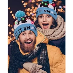 Lysande Julhatt, LED Julhattar med Ljus, Blinkande Julhatt Stickad Mössa för Barn Vuxna Pojkar Flickor><noscript><img width=