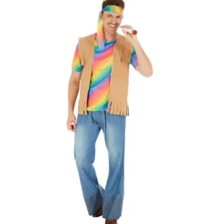 tectake Maskeraddräkt hippie regnbågsfärger 70-tal herr S> Dräkter