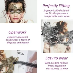 Maskeradmask - Venetiansk mask för kvinnor, vacker elegant spetsmask för damer Halloween Mardi Gras Party Guld+Silver+Svart><noscript><img width=