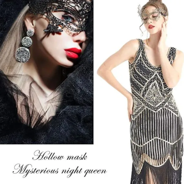 Maskeradmask - Venetiansk mask för kvinnor Vacker Elegant Dam Spets Maskerad Halloween Mardi Gras Party Guld+Silver+Svart_max> Masker