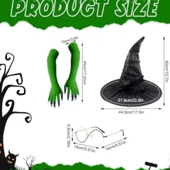 Med Häxhatt, Trollkarlsglasögon och Gröna Klöshandskar, Halloweenkostym för Karneval Halloweenfest Cosplay för Vuxna Kvinnor> Tillbehör