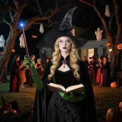 Med Häxhatt, Trollkarlsglasögon och Gröna Klöshandskar, Halloweenkostym för Karneval Halloweenfest Cosplay för Vuxna Kvinnor><noscript><img width=